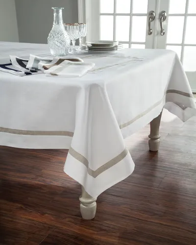 Home Treasures Fino Linen Tablecloth, 72" X 108" In White/navy Blue