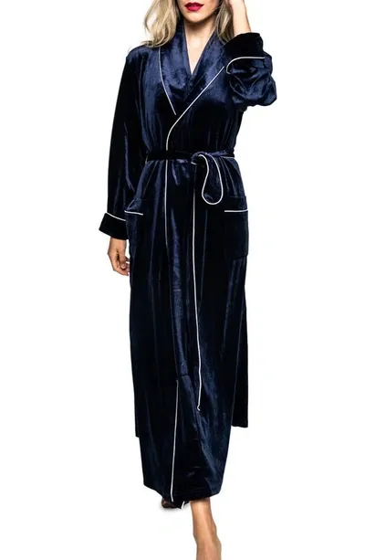 Petite Plume Shawl-collar Velour Robe In Navy