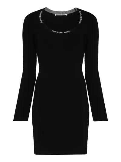 Alexander Wang Logo Scoop Neck Dress In Stretch Viscose In Black