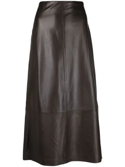 Vince Dark Brown Leather Midi Skirt In Chocolate