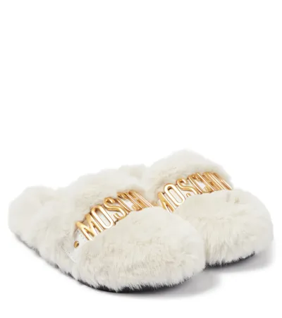 Moschino Kids' Logo Faux Fur Slippers In White