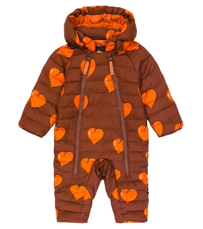 Mini Rodini Baby Hearts Printed Snowsuit In Brown