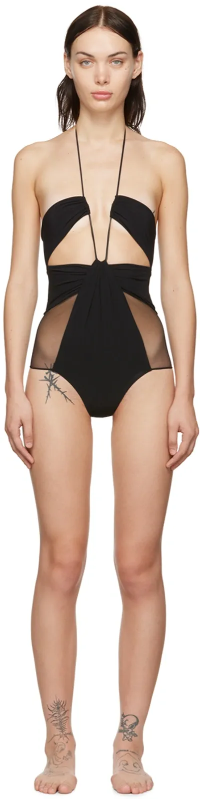 Nensi Dojaka Cutout Gathered Mesh-trimmed Halterneck Swimsuit In Black