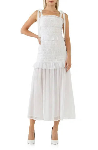 Endless Rose Smocked Drop Waist Combination Maxi Dress In White