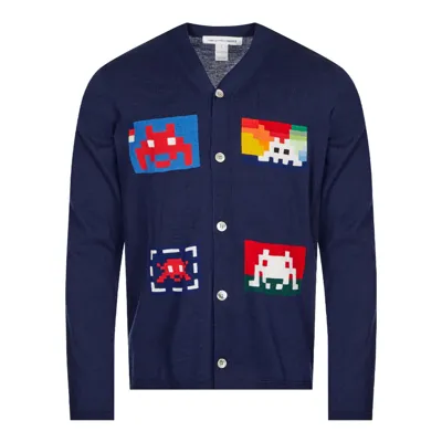 Comme Des Garçons Shirt Invader Graphic Intarsia V-neck Wool Cardigan In Blue