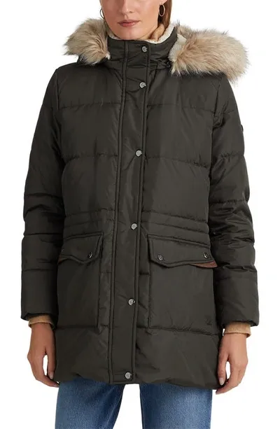 Lauren Ralph Lauren Faux Fur Trim Down & Feather Puffer Coat In Grün