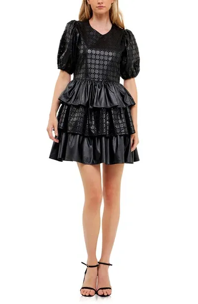 English Factory Eyelet Tiered Faux Leather Minidress In Black