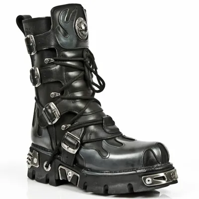 Pre-owned New Rock Herren Silber Flamme Metall Schwarz 100% Leder Schwer Punk Gothic Stiefel M 591