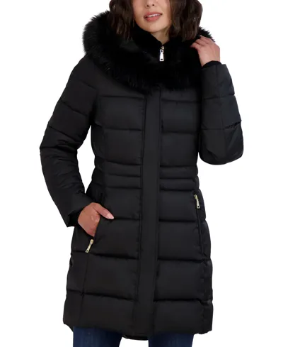 Tahari Womens Velvet Bibbed Faux-fur Hooded Puffer Coat In Black