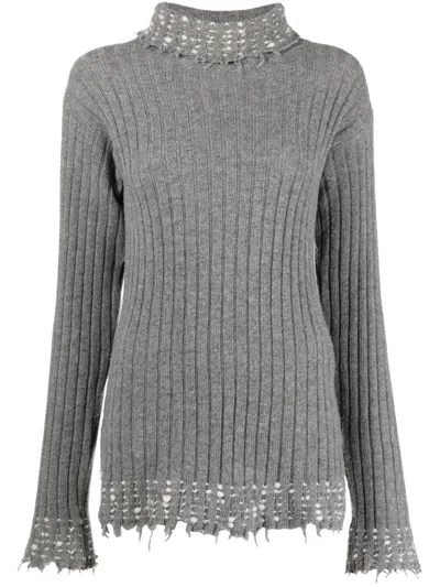 Marni Raw-cut Edge High-neck Knitted Jumper In Grey