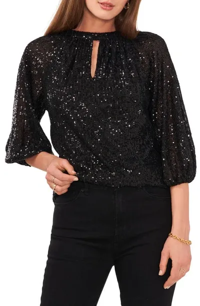 Vince Camuto Sequin Keyhole Neck Blouse In Black