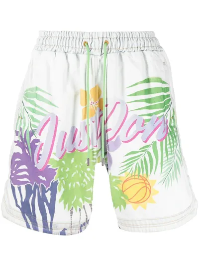 Just Don Hawaii Print Cotton Denim Shorts In Neutral