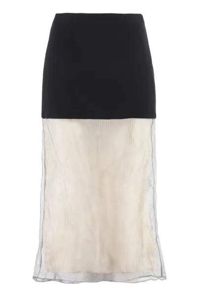 Prada Black/grey Wool And Mesh Skirt In Metal