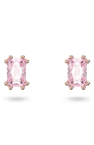 Swarovski Rose Gold-tone Color Cushion-cut Crystal Stud Earrings In Pink