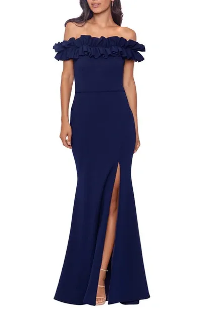 Xscape Off The Shoulder Ruffle Crepe Trumpet Gown In Navy