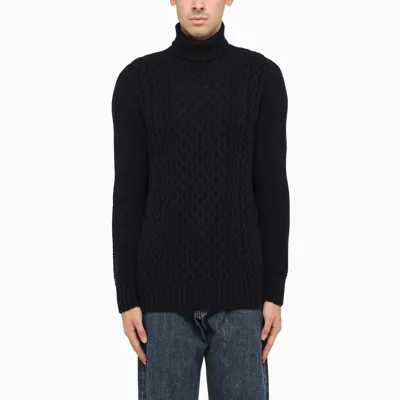 Drumohr Off White Braided-trim Blue Turtle Neck Sweater