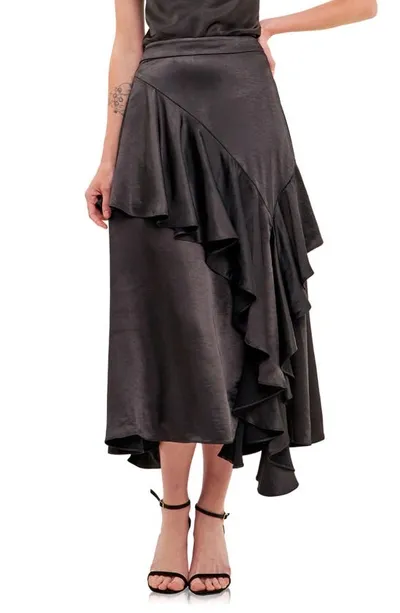 Endless Rose Waterfall Ruffle Satin Maxi Skirt In Black