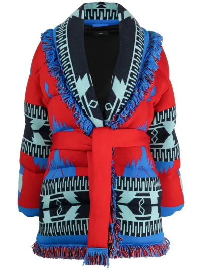 Alanui Icon Belted Fringed Quilted Wool-jacquard Down Jacket In Red