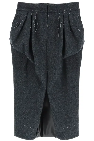 Maison Margiela Wool Decorative-stich Midi-skirt In Gray