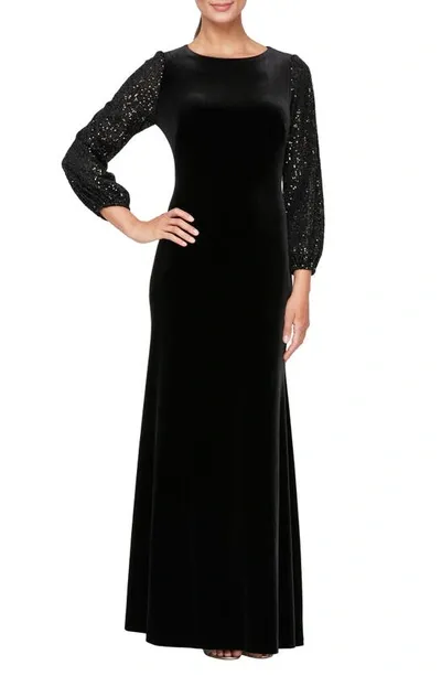 Alex Evenings Mixed Media Sequin & Velvet Long Sleeve Gown In Black