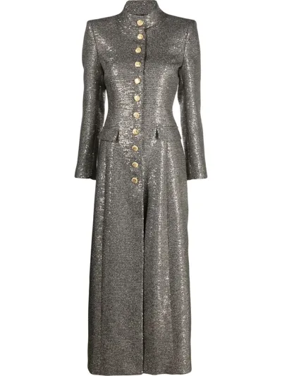 Alessandra Rich Lurex Tweed Long Coat W/ Nehru Collar In Black