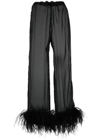 Oseree Feather-trim Silk Trousers In Black