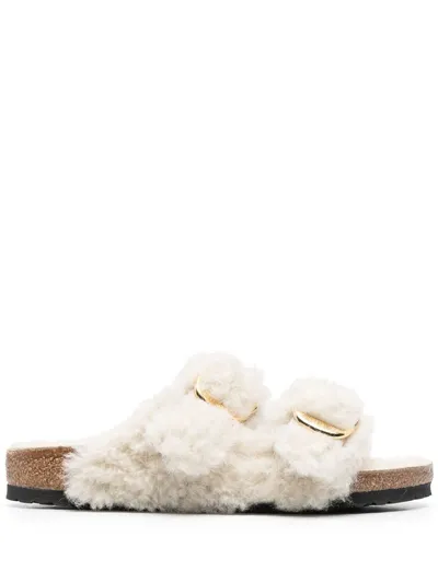 Birkenstock Buckle-fastening Shearling Slides In Neutrals