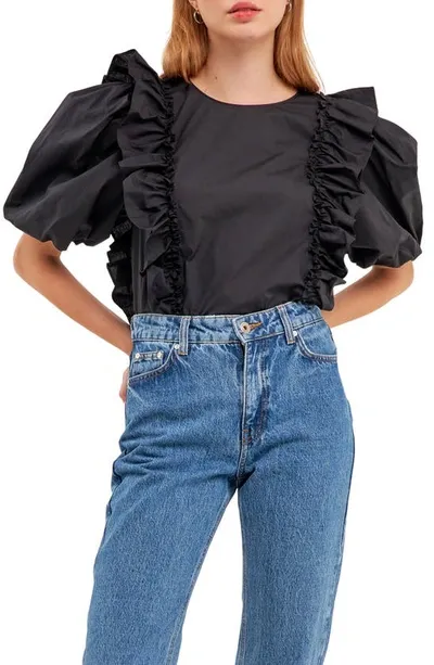 English Factory Double Ruffle Poplin Puff Sleeve Shirt In Black