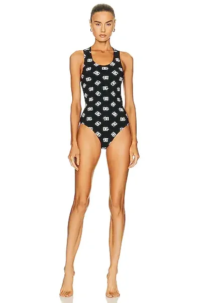 Dolce & Gabbana One-piece Swimsuit With All-over Dg Logo Print In Black