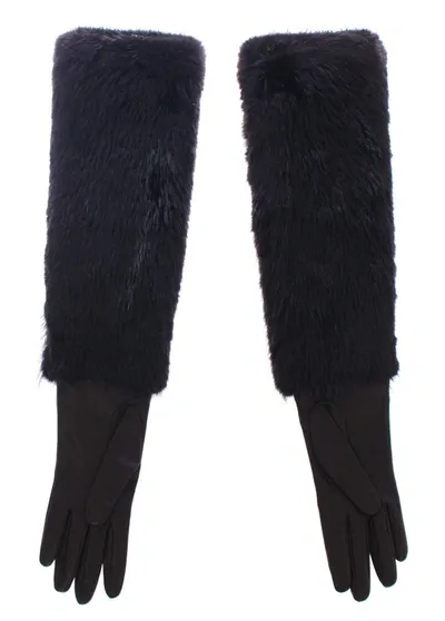 Dolce & Gabbana Black Beaver Fur Lambskin Leather Elbow Gloves