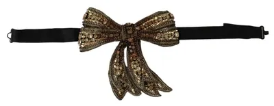 Dolce & Gabbana Gold Tone Silk Rhinestone Embellished Women Bowtie In Silver