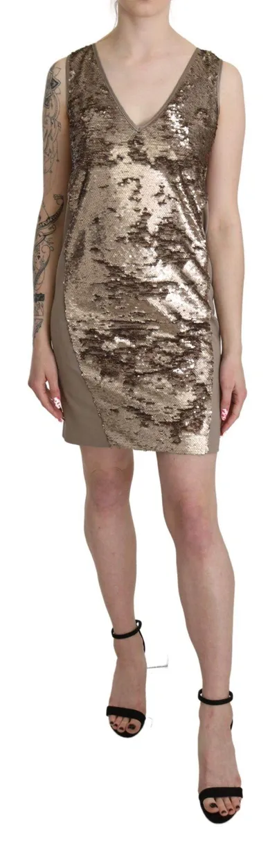 Liu •jo Dolce & Gabbana  Sequined V-neck Sleeveless Sheath Mini Dress In Brown