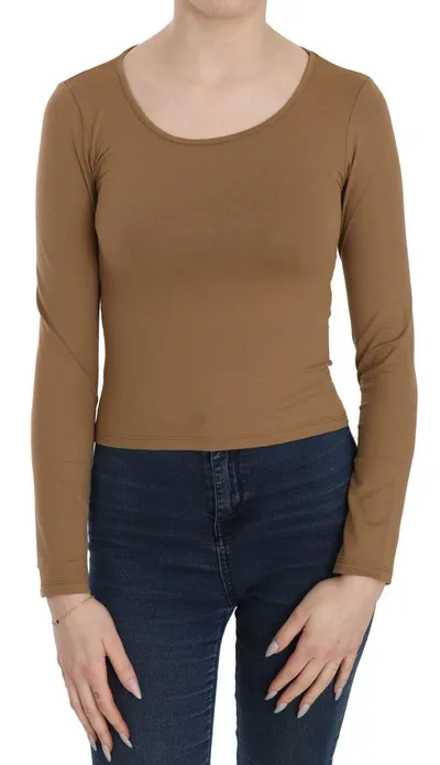 Gf Ferre' Long Round Neck Sleeve Fitted Shirt Tops Blouse In Brown