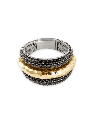 John Hardy 18k Yellow Gold & Hammered Silver Chain Classic Black Sapphire & Black Spinel Ring In Two Tone