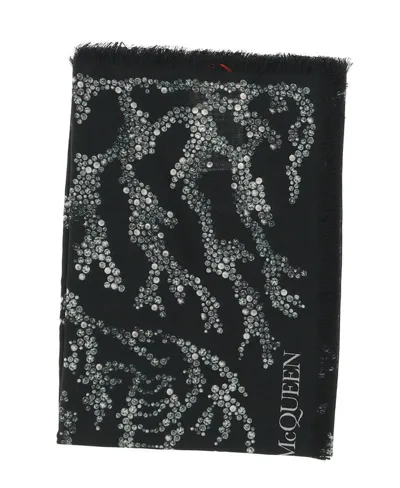 Alexander Mcqueen Embellished Fringed Edge Scarf In Black