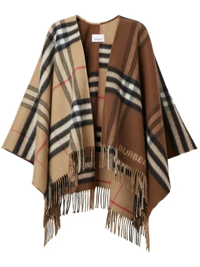 Burberry Contrast Check Fringed Cape In Beige,brown