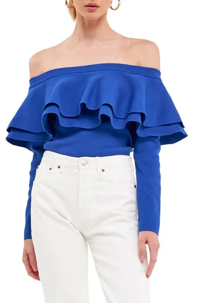 Endless Rose Off The Shoulder Knit Top In Cobalt Blue