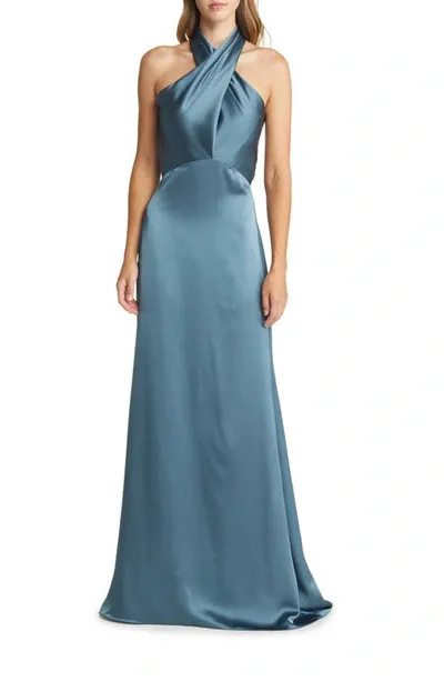 Amsale Halter Neck Satin Gown In Petrol