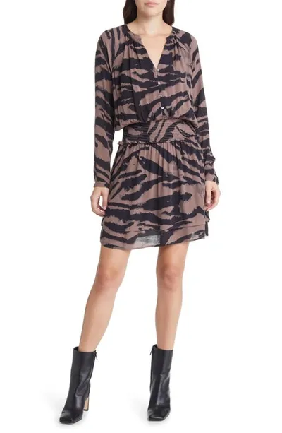 Rails Jasmine Tiger Stripe Smocked Waist Long Sleeve Dress In Brown