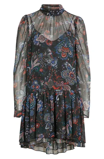 Veronica Beard Bolade Paisley Long Sleeve Silk Chiffon Dress In Black Multi