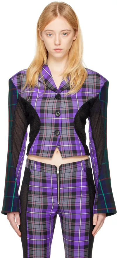 Rave Review Candy Glittered Tulle-paneled Checked Gabardine And Wool Blazer In Purple, Grey, Red &