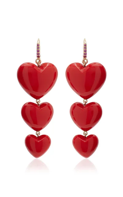 Rachel Quinn The Triple Heart 14k Yellow Gold Pink Sapphire; Coral Earrings In Red