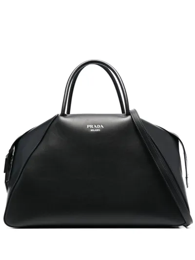 Prada Logo-plaque Leather Tote Bag In Schwarz