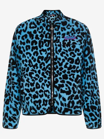 Just Don Leopard-print Relaxed-fit Fleece Jacket In Light Blue