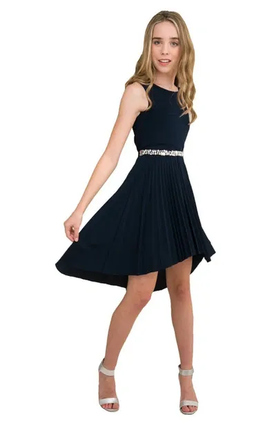 Un Deux Trois Kids' Girl's Pleated High-low Dress In Navy