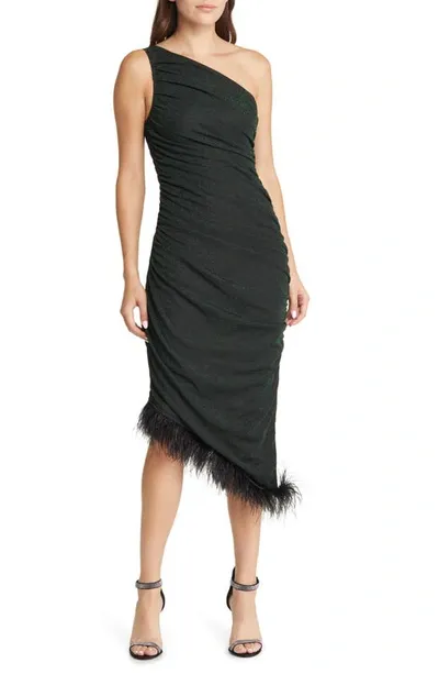 Saylor Hilaria One-shoulder Asymmetric Feather Trim Cocktail Dress In Black Emerald