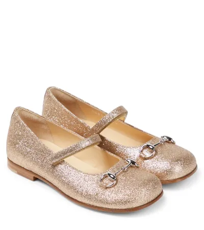 Gucci Kids' Horsebit Glitter Ballet Flats In Sable/bright Gold