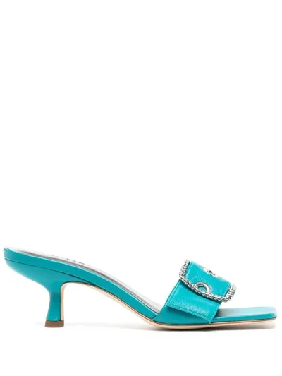 By Far Davina Buckled Leather Mules In Blue