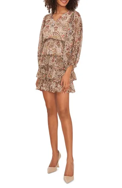 Vince Camuto Paisley Print Metallic Tiered Minidress In French Roast