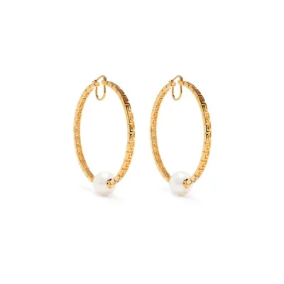 Versace Gold-tone Greca Pearl Hoop Earrings